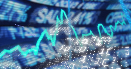 Displaying turquoise trend line streaming across trading screen, with dotted mesh and binary digits....