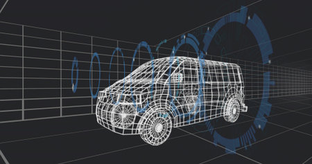 Displaying wireframe compact van model rotating in virtual studio, with blue HUD rings and grid. 3d, polygonal, mesh, perspective, schematic, telemetry, overlayの写真素材