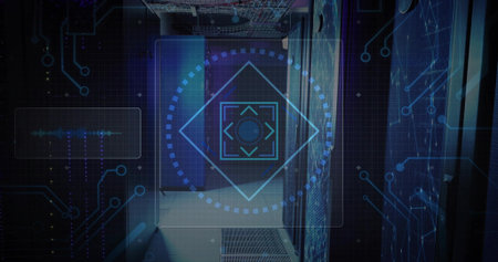 Projecting blue AR overlay hovering above data center corridor, with racks, LEDs, ventilation grate....