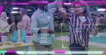 Dancing mature couple man in light shirt woman in striped shirt, twirling poolside. Lawn, patio,...