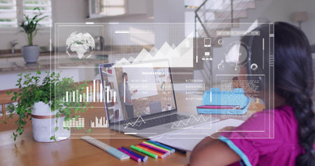 Studying schoolgirl wearing magenta top using laptop at home desk, with data overlays, copy space....
