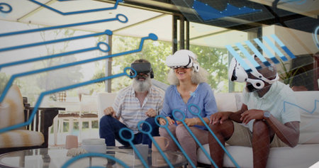 Reacting three mature adults wearing casual clothes and VR headsets on sofa in living room. Group,...