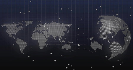 Displaying stylized dotted world map and 3D globe on virtual dashboard, with grid overlay. Network,...