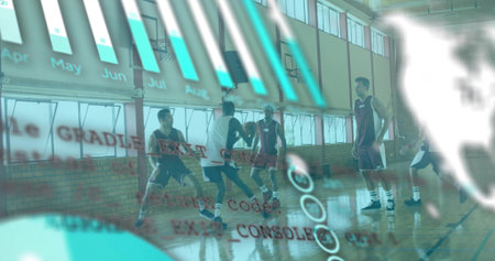 Dribbling five players in maroon navy jerseys at school gym, with basketball. Court, gymnasium,...