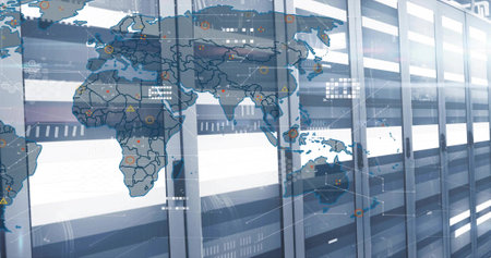Showing glass-front server racks reflecting status LEDs in data center corridor, map overlay....
