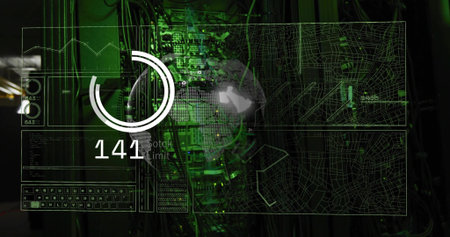 Displaying server rack pulsing green LEDs in data center, showing bundled cables, HUD globe 141....