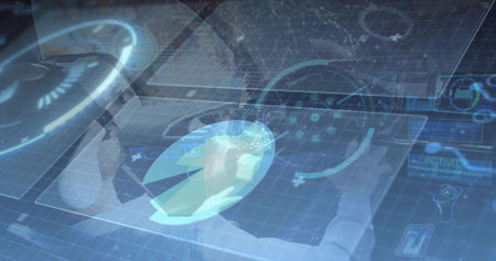 Operating mid-adult man wearing white coat manipulating holographic interface at lab, with HUDs....