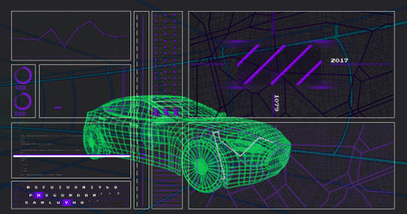 Displaying neon-green wireframe 3D car model overlaying map pane with purple highlight bars, graphs....