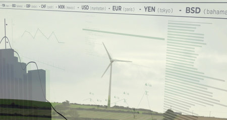 Standing 3-blade turbine on ridge, showing bar and line charts left, metrics right, currency ribbon....