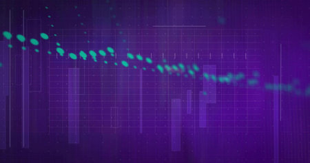 Flowing teal particle trail sweeping across purple canvas, showing wireframes, grid, glowing points....