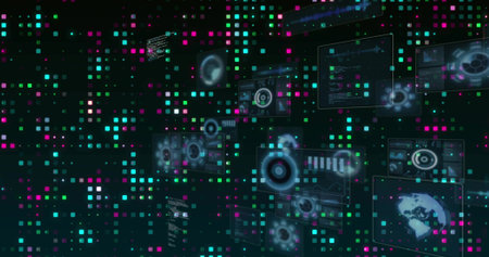 Floating holographic panels hovering in digital space, with circular HUD gauges and pixel matrix....