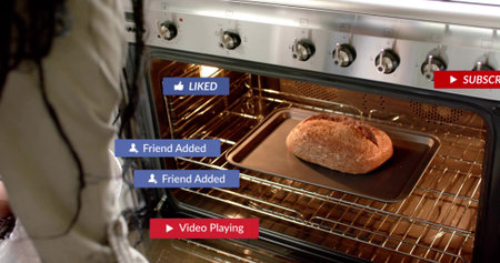 Checking home cook monitoring stainless steel oven interior in kitchen, with loaf. Bread, baking,...