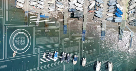 Displaying cluster of small recreational boats floating at marina docks, with HUD overlay graphics. Dinghies, vessels, mooring, harbor, quay, grid, circuitの写真素材