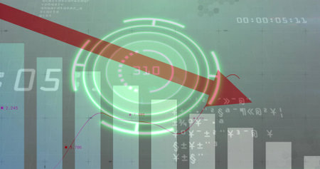 Displaying dashboard screen, showing red arrow cutting green HUD, bars, line graph, timecode....