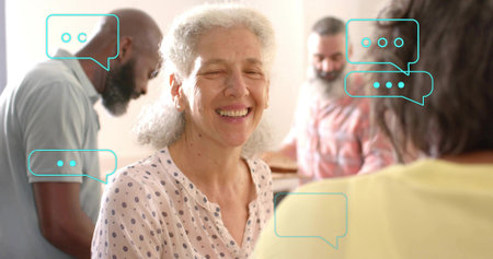Smiling senior woman in pale print blouse at kitchen counter, with teal speech-bubble overlays....