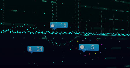 Displaying teal dot waveform on dark analytics panel, showing notification bubbles with metrics....