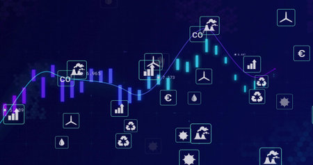 Displaying market energy chart on blue canvas, showing teal bars, two trend lines, icons, labels....
