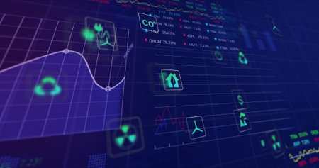 Displaying digital dashboard interface on dark blue grid, showing white curved graph and neon icons....