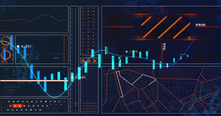 Displaying digital analytics dashboard UI filling monitor, with candlestick chart, map overlay....