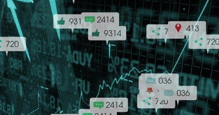 Displaying teal analytics dashboard with glowing line chart callouts badges icons ticker data bars....