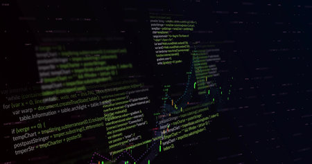 Displaying dashboard overlaying code blocks with candlestick chart and glowing green data points....