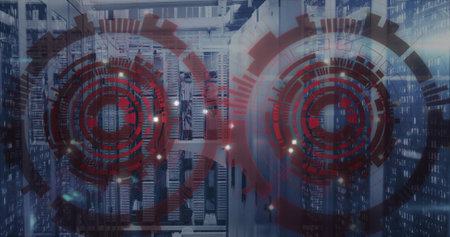 Highlighting central server racks filling cool data center aisle, with red HUD overlays and cables....