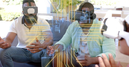 Three adults in white polos and light green shirt interacting with VR headsets in lounge, holograms....