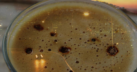 Showing glass cup reflecting sunset and city lights on frothy crema by window, with rim. Espresso,...