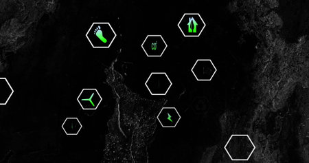 Displaying white hexagonal cluster featuring neon green footprint, leaf, turbine, bolt on dark map....