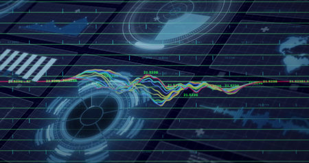 Displaying multicolor wavy line graph with circular HUD on virtual dashboard, showing readouts....