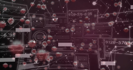 Showing central composite with spiky virus particles, dashboard panels and node net in data hub....