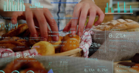 Arranging woman's hands handling rolls in basket at market, wearing light top. Bread, bakery,...