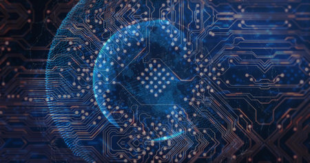 Pulsing blue data sphere glowing with dot matrix in virtual circuit scene with copper traces. Motherboard, cyberspace, neon, glow, wireframe, pcb, gridの写真素材