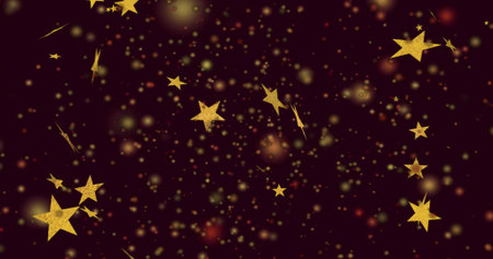 Shimmering gold star cluster and glitter drifting over dark maroon backdrop, with trails, bokeh....