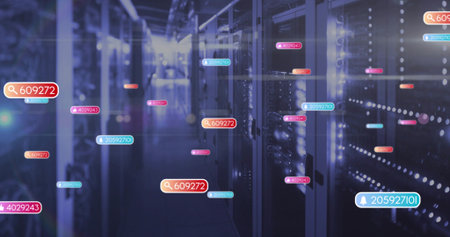 Glowing central server racks reflecting blue light in data center aisle, with floating labels....