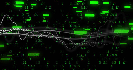 Undulating white ribbon, dotted line and faint wave moving over black field with neon binary digits. Digital, cyberspace, visualization, neon, waveform, particles, rectanglesの写真素材