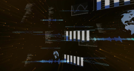 Floating data cluster pulsing in virtual dashboard, showing stacked bars, waveforms, code text....