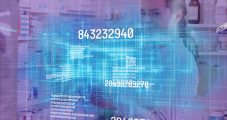 Standing pharmacist in white coat displaying holographic code over medicine shelves, copy space....