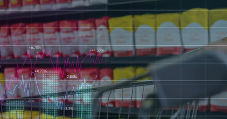 Pushing cart, shopper in dark coat walking supermarket aisle with charts over shelves, copy space....
