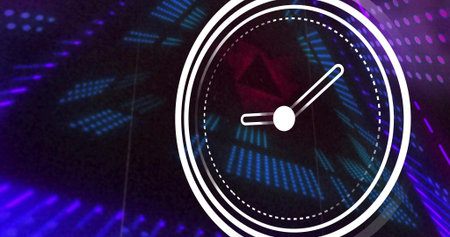 Glowing white circular analog clock graphic hovering on stage with LED matrices, diagonal streaks....