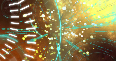 Displaying central cyan arc and glowing orb cluster in studio abstract art, with dashed rings. Neon,...