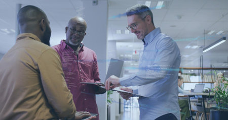 Pointing man in business casual guiding team holding laptop and tablet in open office, code overlay....