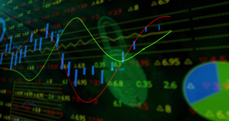 Displaying trading screen showing blue candlesticks, red and green trend lines, numeric tickers....