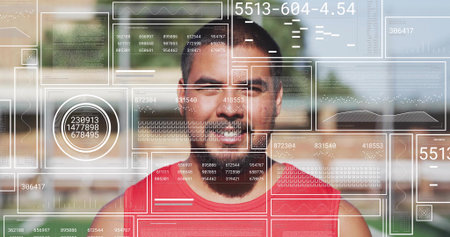 Standing adult male wearing red athletic sleeveless top on sports field, displaying AR HUD overlays....