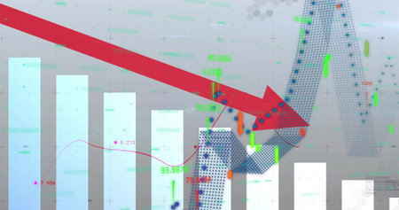 Displaying red downward arrow overlaying infographic, showing vertical bars, red line, candlesticks. Decline, chart, finance, dashboard, data, trend, gridの写真素材