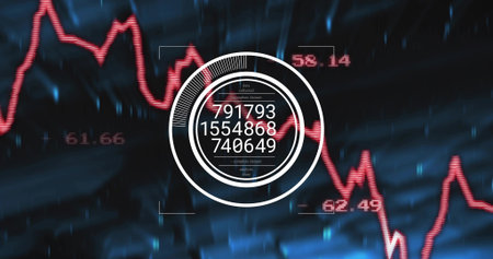 Displaying central HUD on virtual dashboard, showing three stacked readouts and red jagged chart. Telemetry, data, visualization, interface, overlay, concentric, ringsの写真素材