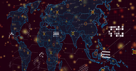 Displaying neon global map in virtual dashboard, showing connector lines, nodes, pixel clusters....