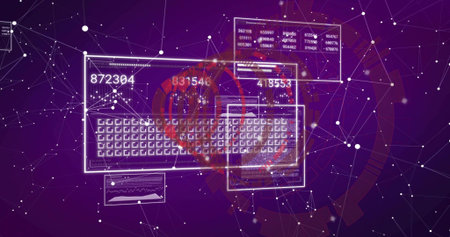 Showing translucent UI panels and numbers at center of purple gradient, with key grid, target rings....