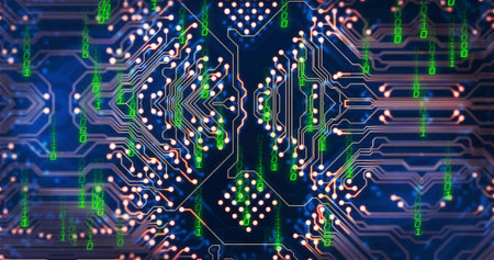 Showing PCB featuring copper traces, solder pads, vias, chip in macro studio, neon binary overlay....