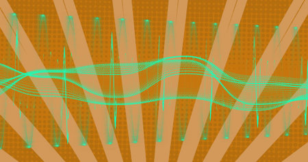 Pulsing layered teal waveform flowing across digital canvas, with vertical spikes and glowing nodes.